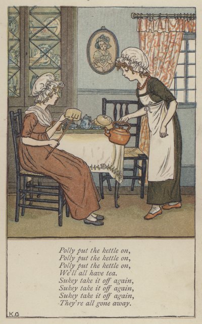 Polly satte på vattenkokaren (färg litho) av Kate (after) Greenaway