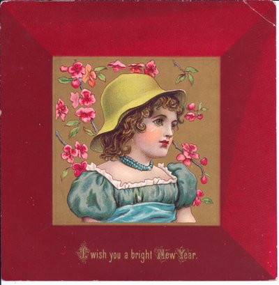 Ett viktorianskt julkort av en flicka klädd i regentskapskläder som håller i en bukett blommor, ca 1880 av Kate Greenaway