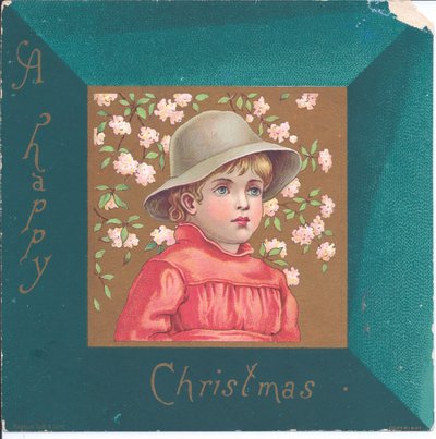 Ett viktorianskt nyårskort av en flicka i regentskapskläder som bär ett halsband av blå pärlor, ca 1880 av Kate Greenaway
