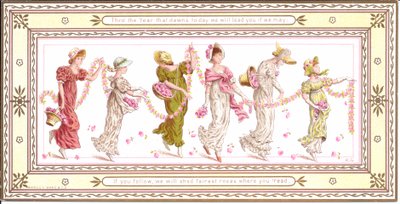 Ett viktorianskt gratulationskort av ett barn med en gul halsduk runt halsen, ca 1880 av Kate Greenaway