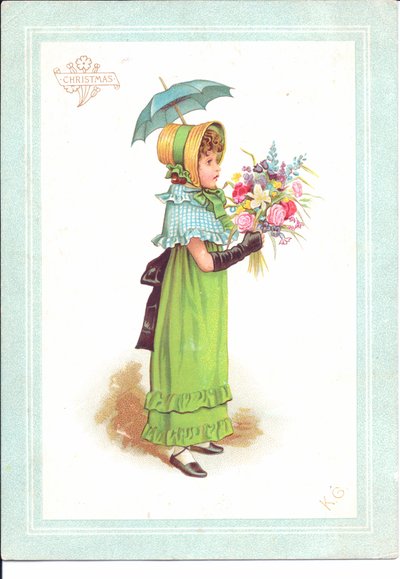 Ett viktorianskt gratulationskort av barn i snygg kostym som dansar, c.1880 av Kate Greenaway