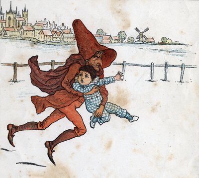 En leprechaun tar ett litet barn. Illustration av Kate Greenaway (1846-1901) från barnsagoboken "" Under The Window"" (1879), redigerad av Edmund Evans. av Kate Greenaway