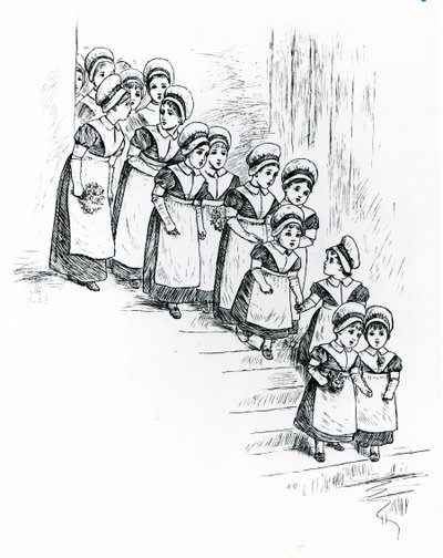 Välgörenhetsbarn, ca 1880 (gravyr) av Kate Greenaway