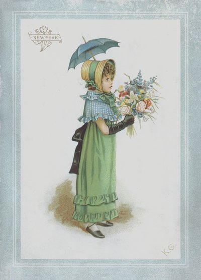 Flicka i grön klänning, håller parasoll och en bukett blommor av Kate Greenaway