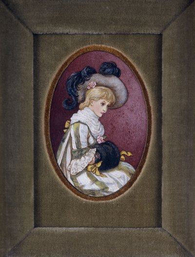Ovalt porträtt av en blond tjej som bär en plymerad hatt med händerna inuti sin muff av Kate Greenaway