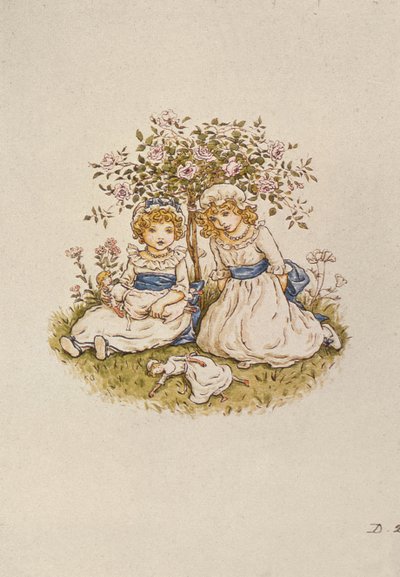 Två flickor med dockor som sitter under en rosenbuske, 1800-talet av Kate Greenaway