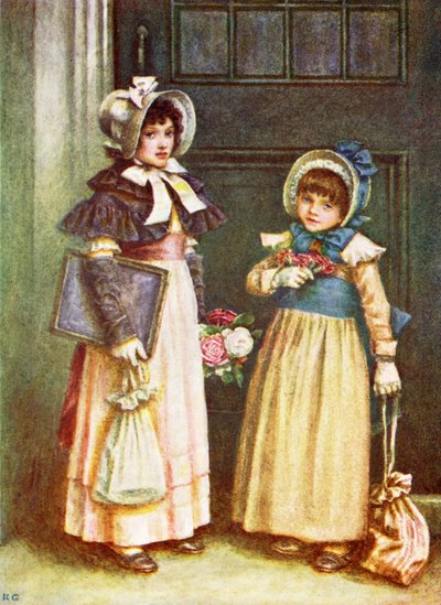 "Två tjejer går i skolan" av Kate Greenaway. av Kate Greenaway