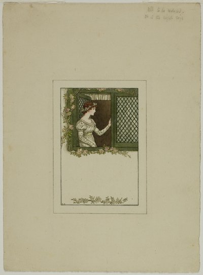 Kvinna vid spröjsat fönster av Kate Greenaway