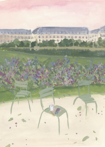 Akvarellillustration av en trädgård i Paris av Katharina Puritscher