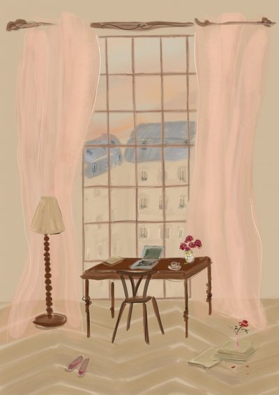 Illustration av utsikt från ett fönster i Paris med ett rustikt skrivbord av Katharina Puritscher