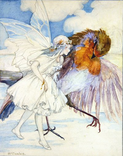 Cock Robin and the Flower Fairy (penna och akvarell på papper) av Kathleen Wallis Coales