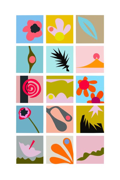 Cut outs grid, 2023 (digital illustration från originalkollage på papper) av Kathy Dunaway