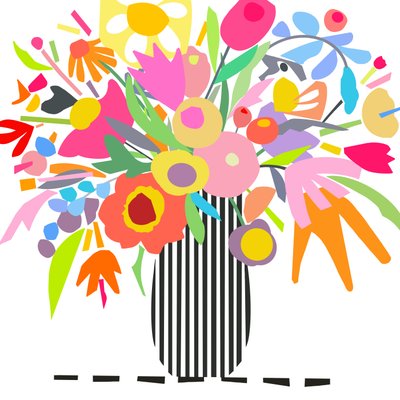 Blommor och ränder 1, 2024 (digital illustration från originalcollage på träpanel) av Kathy Dunaway