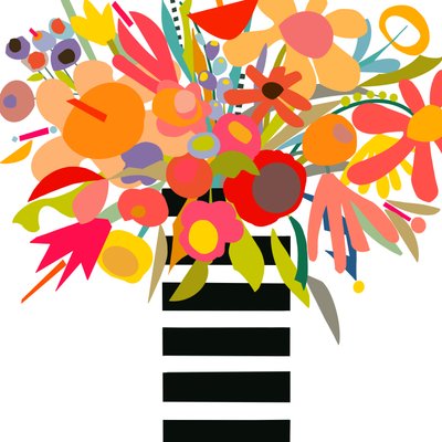 Flowers and stripes 3, 2024 (digital illustration från originalcollage på träpanel) av Kathy Dunaway