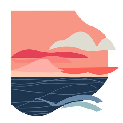 Indigo ocean, 2023 (digital illustration från originalt papperscollage) av Kathy Dunaway