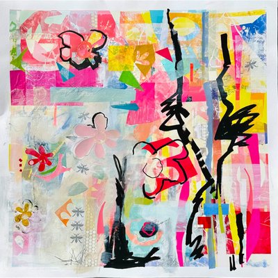 blomstra i kaos, 2024 (blandteknik på papper) av Kathy Dunaway