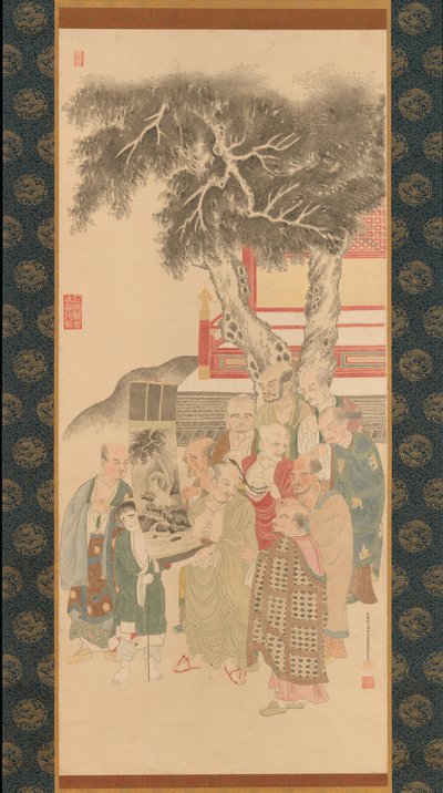 Ten Rakan undersöker en målning av vitklädda Kannon, 1792. av Kato Nobukiyo