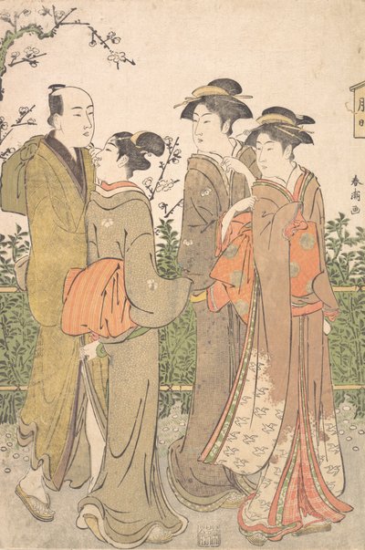 En grupp av tre kvinnor åtföljda av en tjänare, 1780-1795. av Katsukawa Shuncho