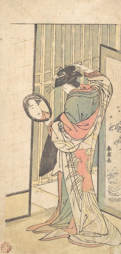 En kurtisan som tittar på sin reflektion i en handspegel, ca. 1787. av Katsukawa Shun