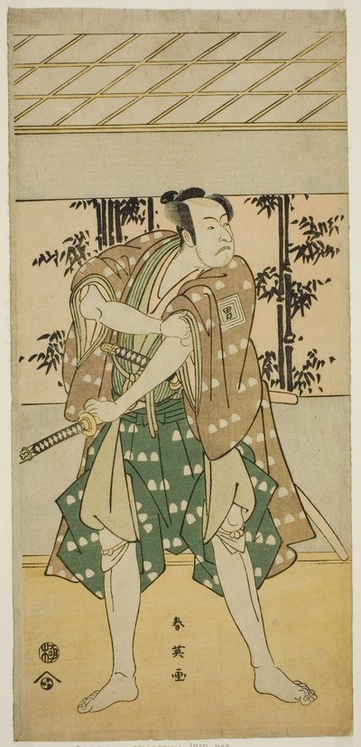 Skådespelaren Ichikawa Omezo I som båtföraren Takihei () i pjäsen Ofunamori Ebi no Kaomise (), uppförd på Kawarazaki Theater () i den elfte månaden 1792 () av Katsukawa Shun
