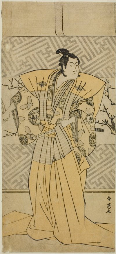 Skådespelaren Iwai Hanshiro IV som Soga no Goro Tokimune i pjäsen Koi no Yosuga Kanegaki Soga, uppförd på Ichimura-teatern under första månaden 1789 av Katsukawa Shun