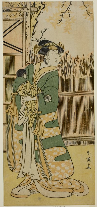Skådespelaren Nakayama Tomisaburo I som Lady Tokiwa (Tokiwa Gozen) () i pjäsen Kimmenuki Genke no Kakutsuba (), uppförd på Ichimura-teatern () i den elfte månaden 1791 () av Katsukawa Shun