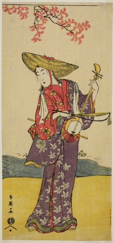 Skådespelaren Sawamura Tamagashira som promenerande musiker i pjäsen Dai Danna Kanjincho, uppförd på Kawarazaki-teatern i elfte månaden 1790 av Katsukawa Shun