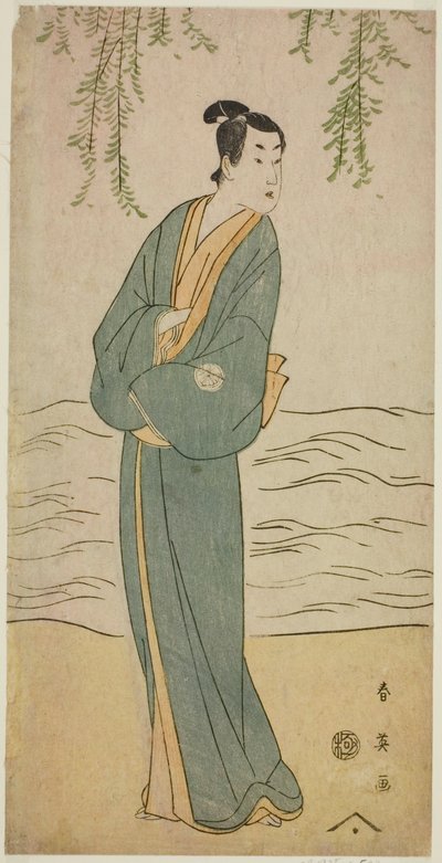 Skådespelaren Segawa Kikunojo III som Chokichi i pjäsen Suda no Haru Geisha Katagi, uppförd på Kiri-teatern under den första månaden 1796 av Katsukawa Shun