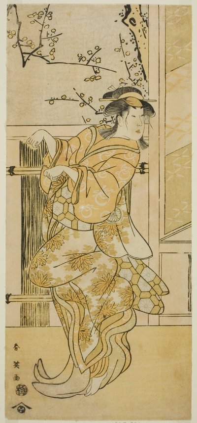 Skådespelaren Segawa Kikunojo III som Kojoro-gitsune (kvinnlig räv) förklädd till Omiki i pjäsen Komachi-mura Shibai no Shogatsu, uppförd på Nakamura-teatern i den elfte månaden 1789 av Katsukawa Shun
