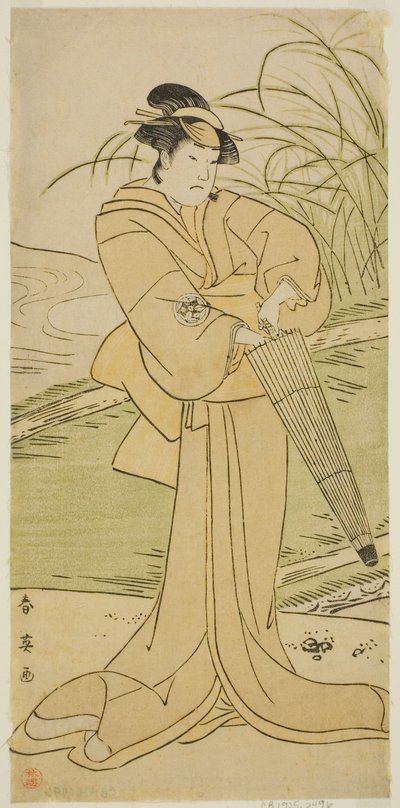 Skådespelaren Yamashita Kinsaku II som Okaya i pjäsen Yomogi Fuku Noki no Tamamizu, uppförd på Kiri-teatern under den femte månaden 1795 av Katsukawa Shun
