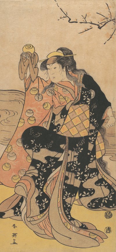 Den fjärde Iwai Hanshiro som en kvinna som håller en kristallkula och dansar på stranden av ..., ca. 1788. av Katsukawa Shun