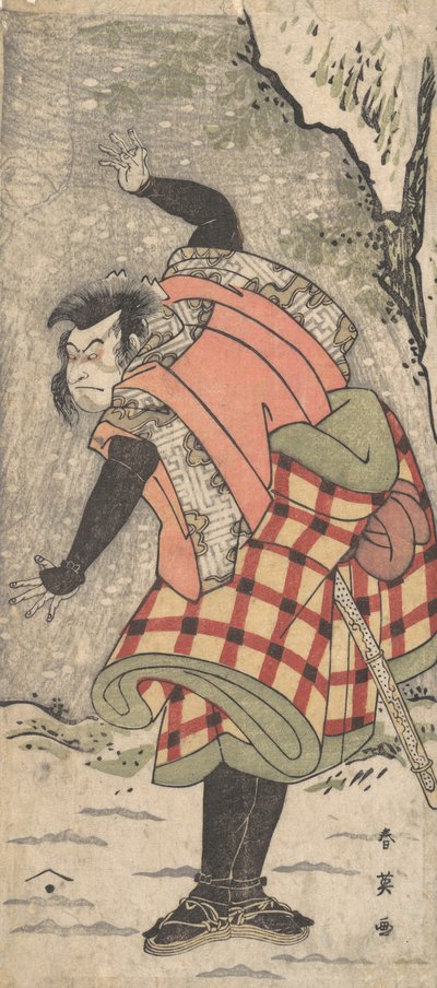 Oidentifierad skådespelare som en Kyokaku som står vid foten av en klippa i en snöstorm, ca. 1793. av Katsukawa Shun