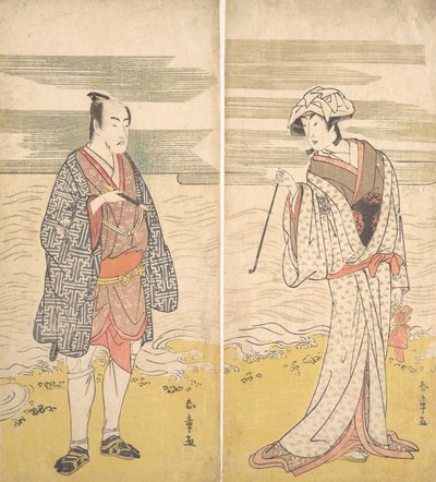 Två skådespelare: den fjärde Matsumoto Koshiro som en man klädd i en kort kimono [vänster], 1779. av Katsukawa Shunjo