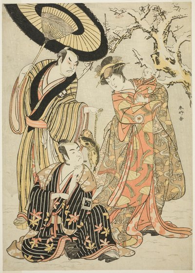 Skådespelarna Iwai Hanshirô IV, Ichikawa Monnosuke II och Sakata Hangorô III i "Snowflakes: Att höja standarden på Izu" ("Mutsu no Hana Izu no Hataage") av Katsukawa Shunkо̄