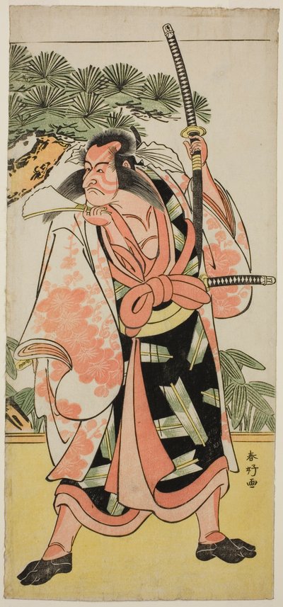 Skådespelaren Ichikawa Danjuro V som Kajiwara Genta Kagesue i pjäsen Yuki Nazuna Saiwai Soga, uppförd på Kiri-teatern under första månaden 1787 av Katsukawa Shunkо̄