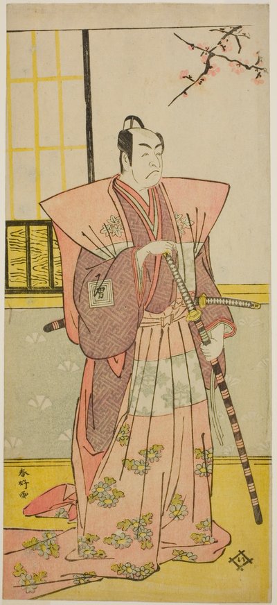 Skådespelaren Ichikawa Omezo I som Koyurugi Motomenosuke () i pjäsen Haru no Nishiki Date-zome Soga (), uppförd på Nakamura Theater () under den första månaden 1790 () av Katsukawa Shunkо̄