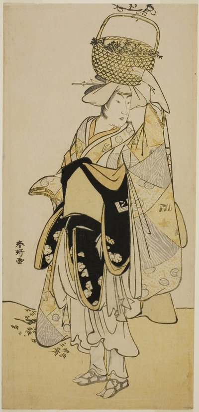 Skådespelaren Ichikawa Yaozo III som Shiragiku i danssekvensen "Shinobu Uri" i pjäsen Hatsuhana Mimasu Soga, uppförd på Nakamura-teatern under den första månaden 1785 av Katsukawa Shunkо̄