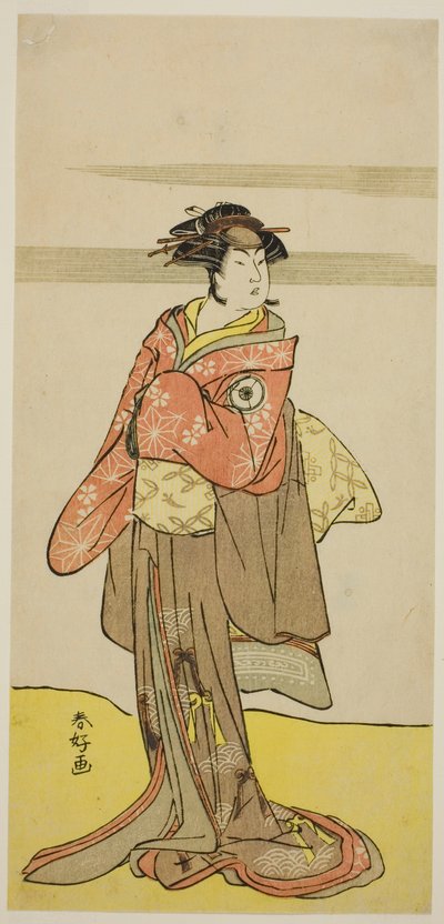 Skådespelaren Iwai Hanshiro IV som Hitomaru förklädd till geishan Oshun i pjäsen Edo no Hana Mimasu Soga, uppförd på Nakamura-teatern under tredje månaden 1783 av Katsukawa Shunkо̄