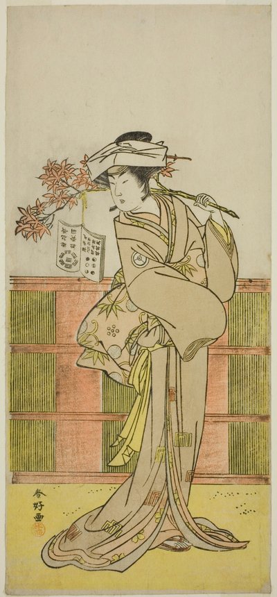 Skådespelaren Iwai Hanshiro IV som Umegae förklädd till den kvinnliga spåkvinnan Omatsu i pjäsen Mukashi Otoko Yuki no Hinagata, uppförd på Ichimura-teatern i den elfte månaden 1781 av Katsukawa Shunkо̄