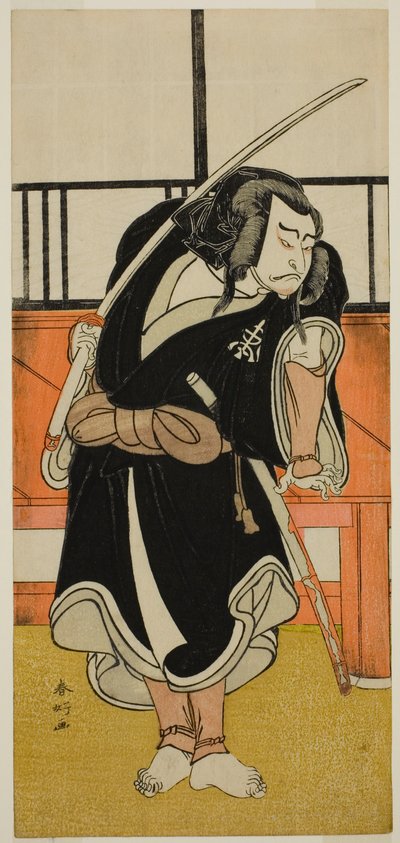 Skådespelaren Nakamura Nakazo I som Aso no Matsuwaka () i pjäsen Iro Moyo Aoyagi Soga (), uppförd på Nakamura-teatern () under andra månaden 1775 () av Katsukawa Shunkо̄