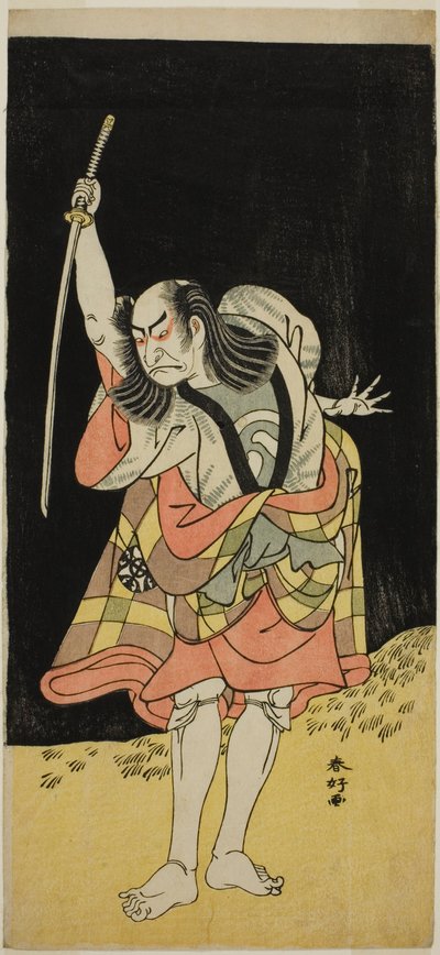 Skådespelaren Nakamura Nakazo I som Ippei () i pjäsen Koi Nyobo Somewake Tazuna (), uppförd på Ichimura-teatern () under den åttonde månaden 1778 () av Katsukawa Shunkо̄
