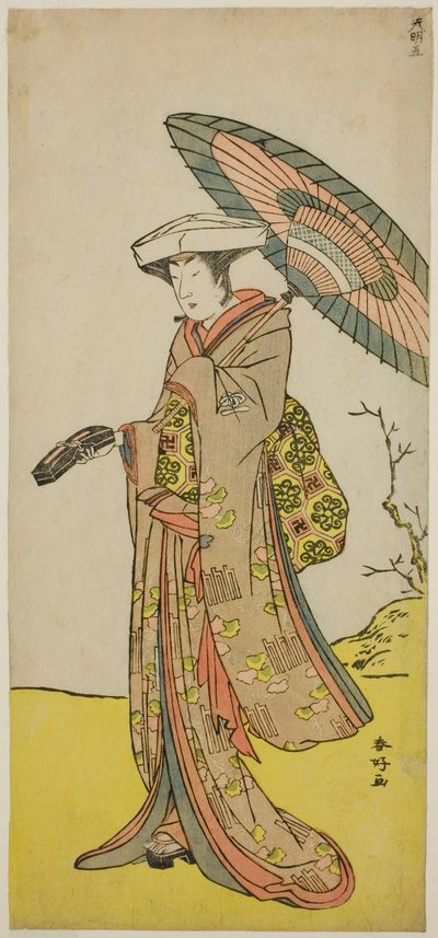 Skådespelaren Nakayama Kojuro VI som Chinzei Hachiro Tametomo förklädd till Lady Hotoke (Hotoke Gozen) i pjäsen Yukimotsu Take Furisode Genji, uppförd på Nakamura-teatern i den elfte månaden 1785 av Katsukawa Shunkо̄