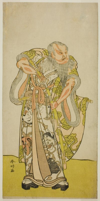 Skådespelaren Sakata Hangoro II som Hige no Ikyu i pjäsen Shida Yakata Yotsugi no Hikibune, uppförd på Ichimura-teatern under den femte månaden 1782 av Katsukawa Shunkо̄