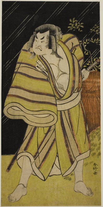 Skådespelaren Sakata Hangoro II som sumobrottaren Kujaku Saburo Narihira () i pjäsen Sugata no Hana Yuki no Kuronushi (), uppförd på Ichimura Theater () i den elfte månaden 1776 () av Katsukawa Shunkо̄