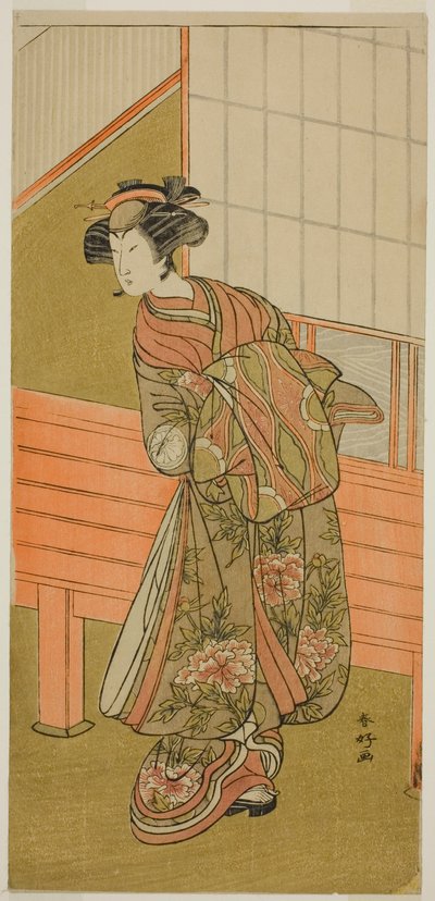 Skådespelaren Segawa Kikunojo III som kurtisanen Takamura från Onoteruya () i pjäsen Sugata no Hana Yuki no Kuromushi (), uppförd på Ichimura Theater () i den elfte månaden 1776 () av Katsukawa Shunkо̄