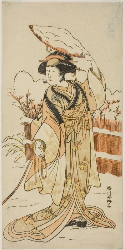 Skådespelaren Yoshizawa Ayame IV som Yadorigi, syster till Nikaido Shinanosuke, förklädd till Orie, hustru till Aoto Magosaburo, i del två av pjäsen Motomishi Yuki Sakae Hachi no Ki (Looking up at Falling Snow: Thriving Potted Trees), uppförd på Naka av Katsukawa Shunkо̄