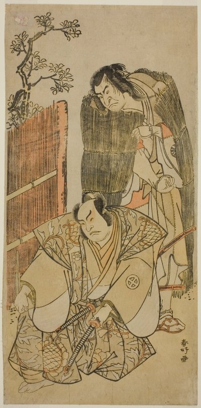 Skådespelarna Nakamura Nakazo I som Kagekiyo klädd som tiggare (höger), och Otani Hiroji III som Onio Shinzaemon (vänster), i pjäsen Kotobuki Banzei Soga, framförd på Ichimura-teatern under den tredje månaden 1783 av Katsukawa Shunkо̄