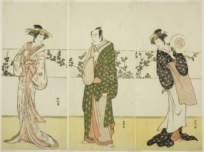 Skådespelarna Osagawa Tsuneyo II (höger), Ichikawa Monnosuke II (mitten) och Segawa Kikunojo III (vänster), möjligen som Misao Gozen, Matsuya Soshichi och hovdamen Kojoro från Hakata, i pjäsen Chiyo no Hajime Ondo no Seto (Evighetens början: The Ondo av Katsukawa Shunkо̄