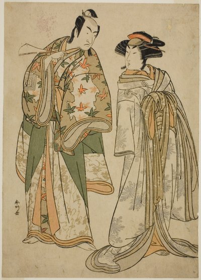 Skådespelarna Segawa Kikunojo III som kurtisanen Sumizome (höger) och Ichikawa Monnosuke II som Goinosuke Yoshimine (vänster), i pjäsen Juni-hitoe Komachi-zakura, uppförd på Kiri-teatern under den elfte månaden 1784 av Katsukawa Shunkо̄