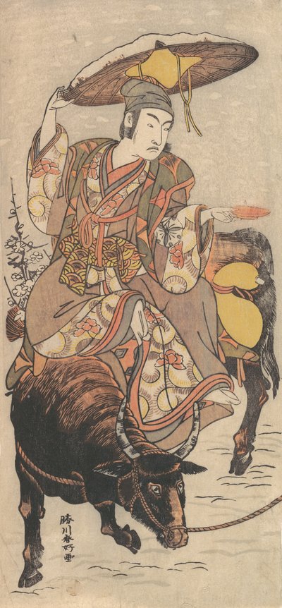 Skådespelaren Matsumoto Koshiro IV på en tjur i en snöstorm, ca. 1790. av Katsukawa Shunko